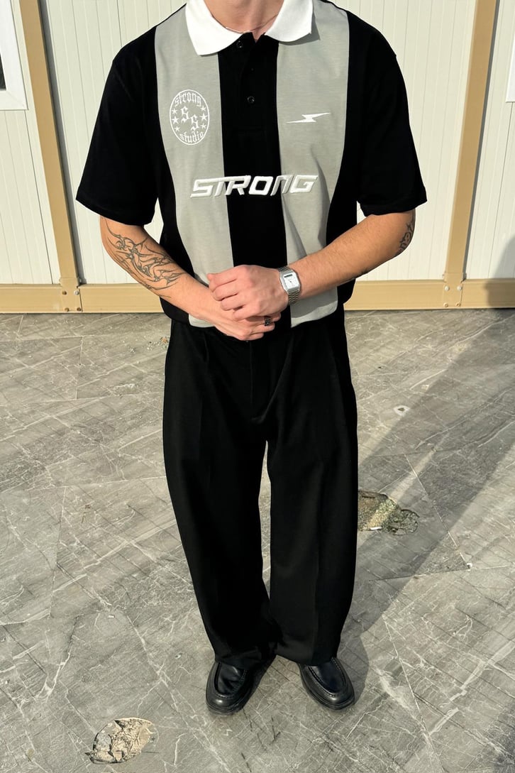 Şeritli Strong Nakışlı Oversize Tişört