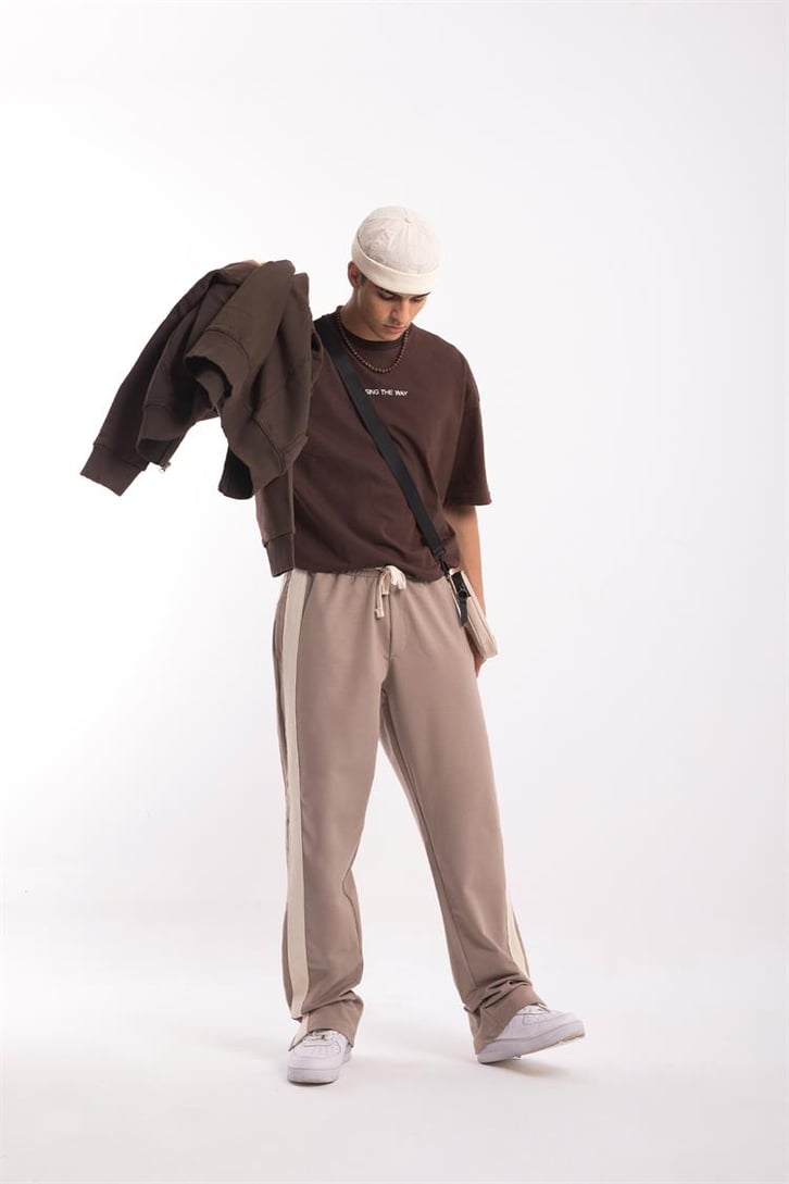 Şeritli Yırtmaç Detay Vizon Outfit Eşofman Altı
