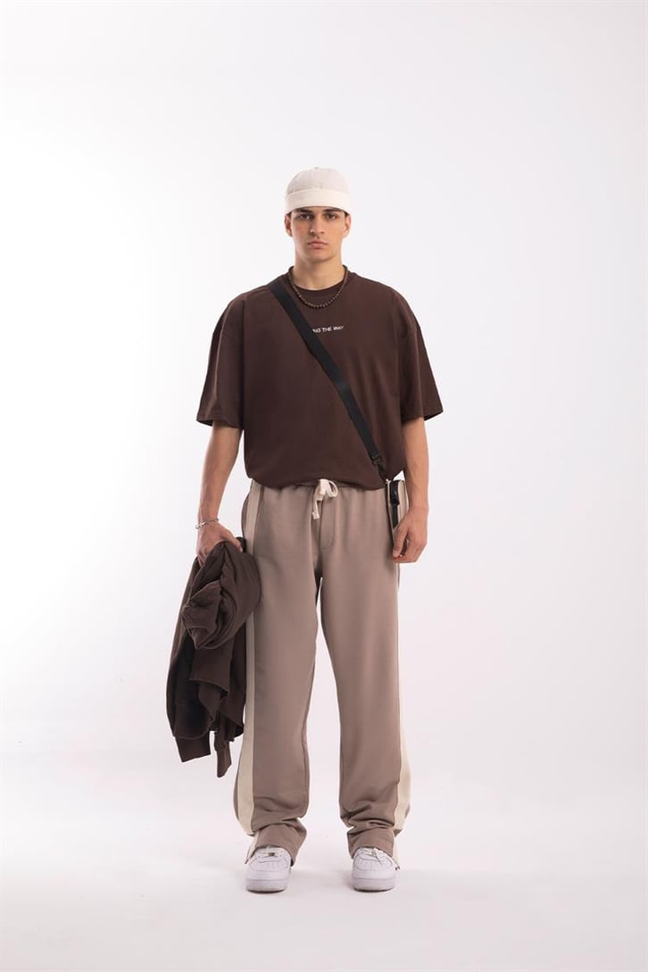 Şeritli Yırtmaç Detay Vizon Outfit Eşofman Altı