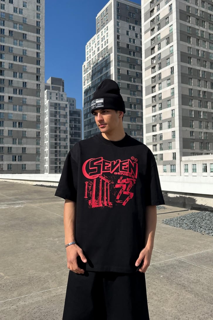 Seven Senses Baskılı Siyah Oversize Tişört