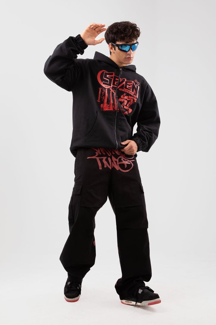 Seven Senses Baskılı Siyah Zip Hoodie
