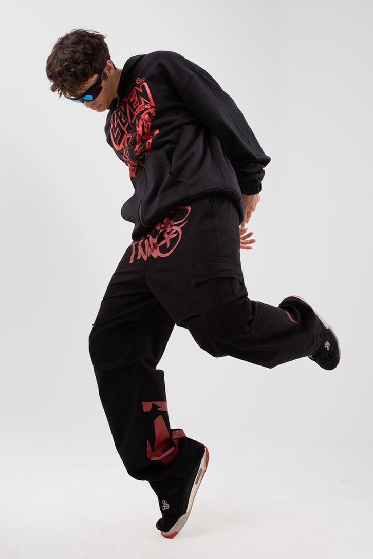 Seven Senses Baskılı Siyah Zip Hoodie