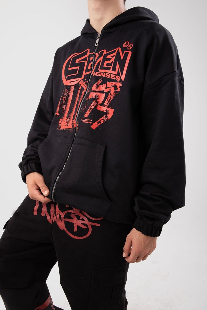 Seven Senses Baskılı Siyah Zip Hoodie