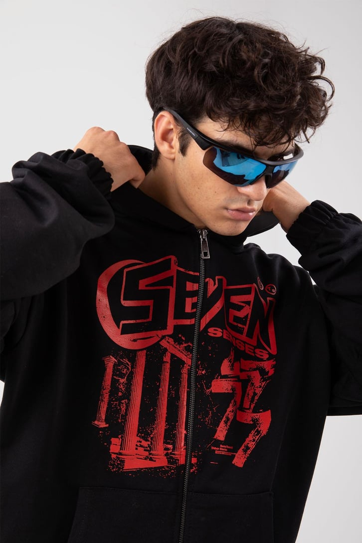 Seven Senses Baskılı Siyah Zip Hoodie