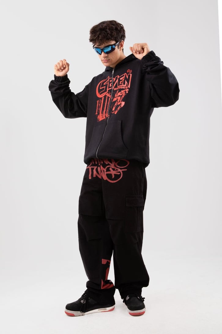 Seven Senses Baskılı Siyah Zip Hoodie