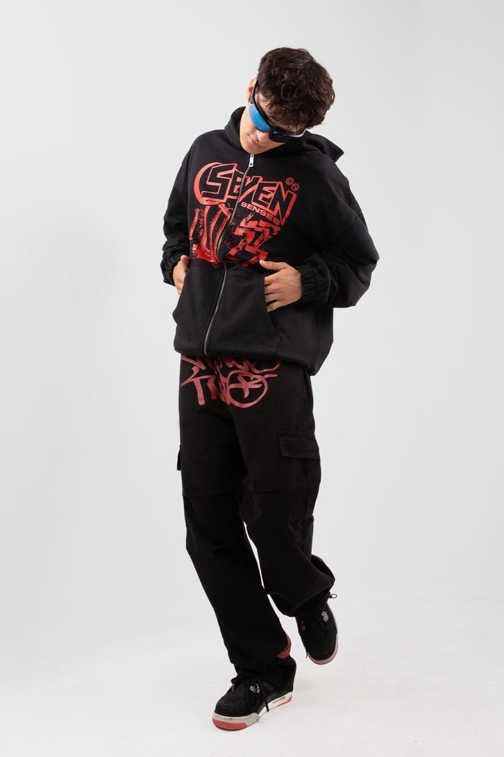 Seven Senses Baskılı Siyah Zip Hoodie