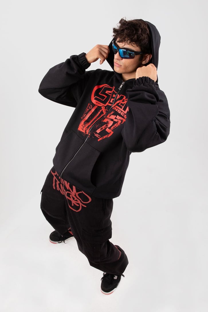 Seven Senses Baskılı Siyah Zip Hoodie