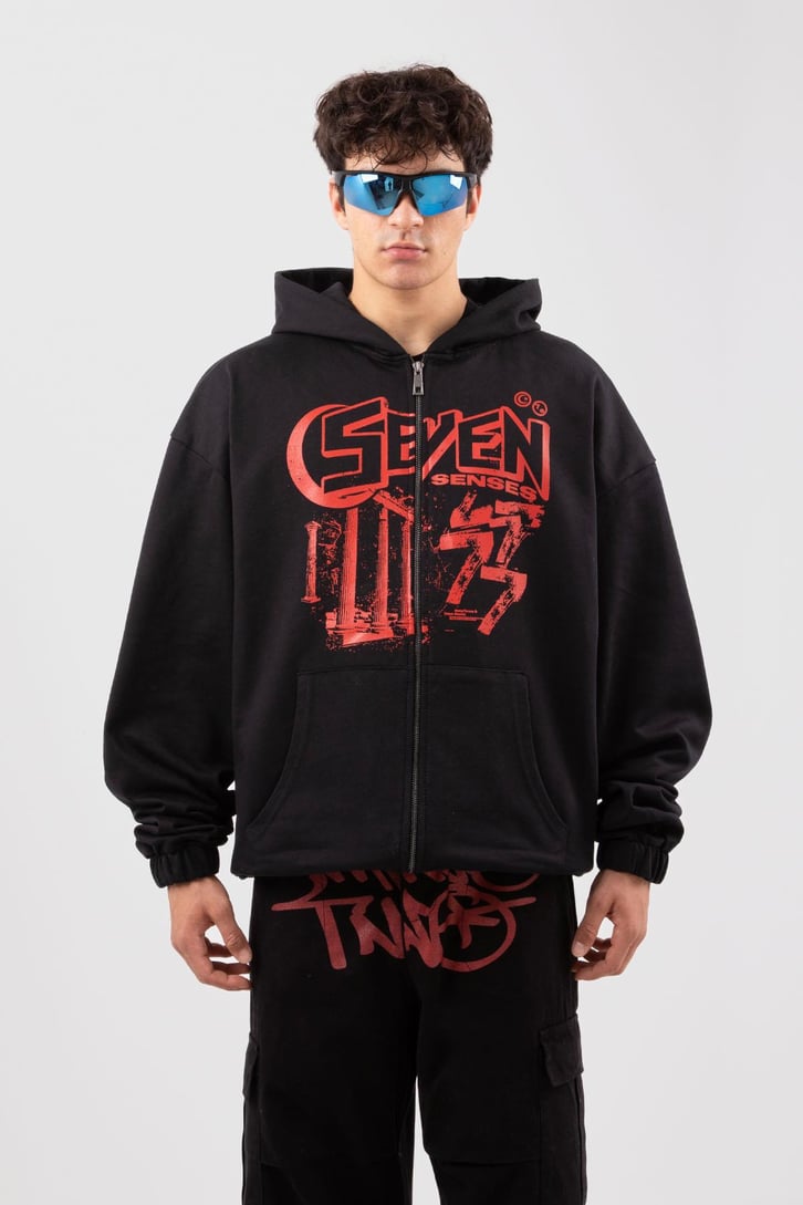Seven Senses Baskılı Siyah Zip Hoodie