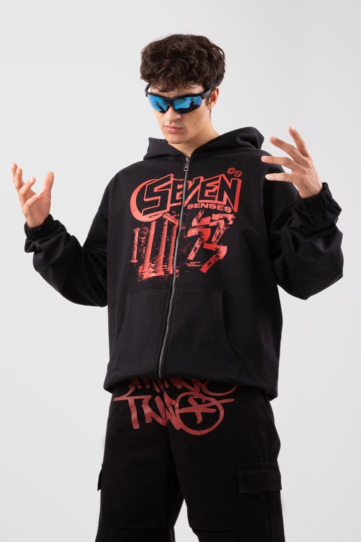 Seven Senses Baskılı Siyah Zip Hoodie