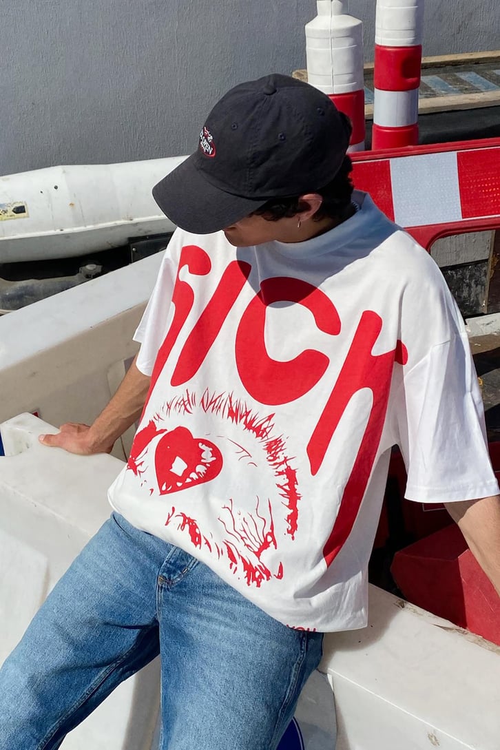 Sick Baskılı Beyaz Oversize Tshirt