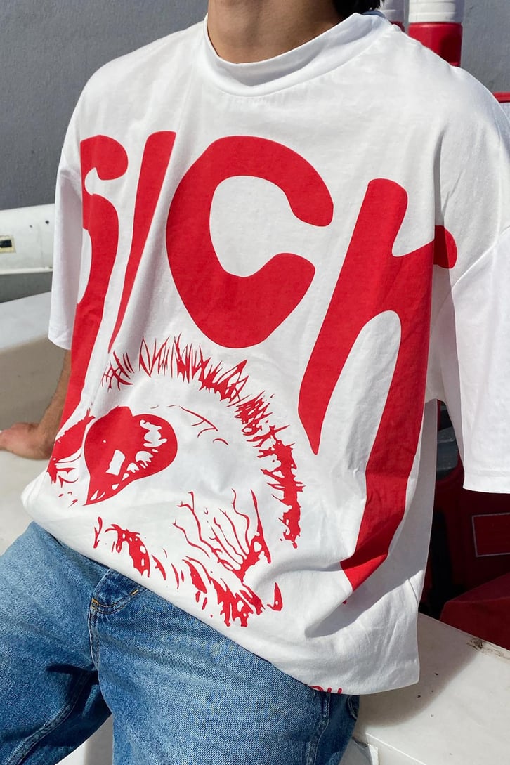 Sick Baskılı Beyaz Oversize Tshirt