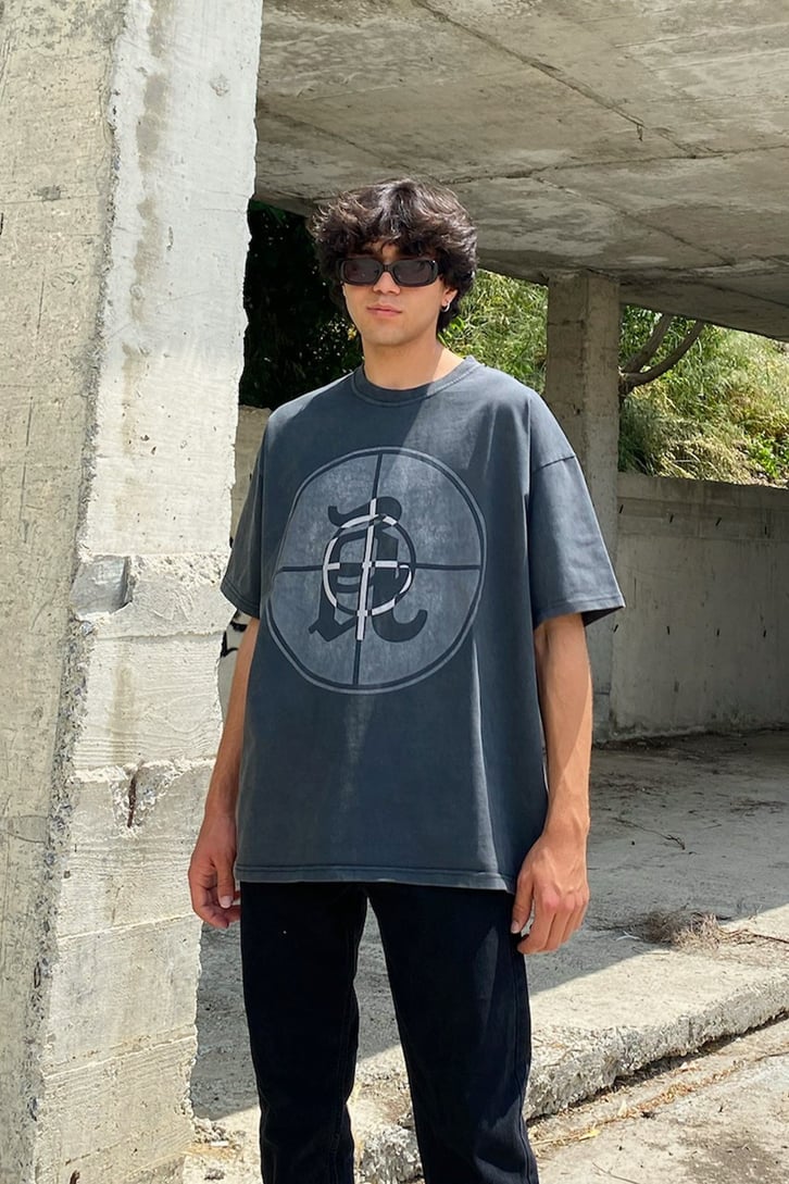 Sighting Baskılı Acid Wash Oversize Tshirt