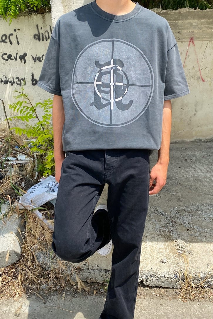 Sighting Baskılı Acid Wash Oversize Tshirt