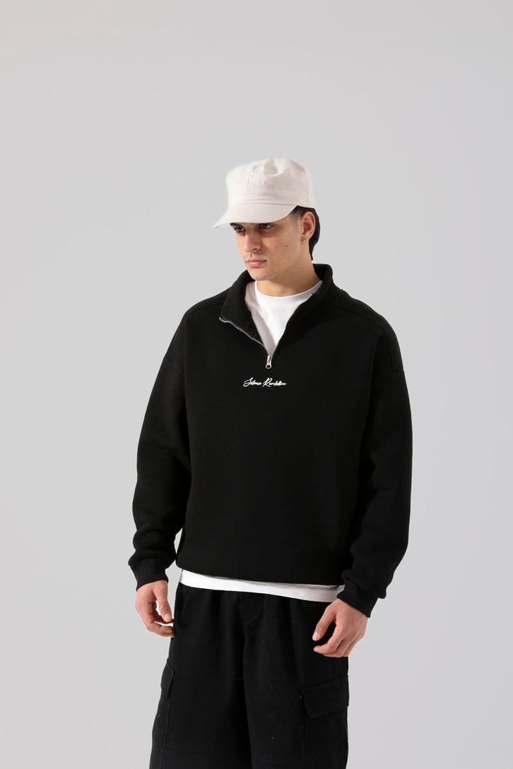 Silence Revolution Baskılı Koyu Yeşil Yarım Fermuarlı Sweatshirt