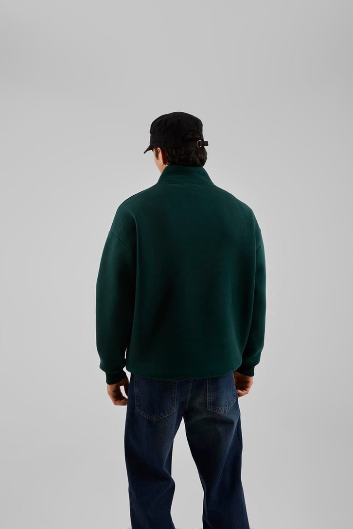Silence Revolution Baskılı Koyu Yeşil Yarım Fermuarlı Sweatshirt