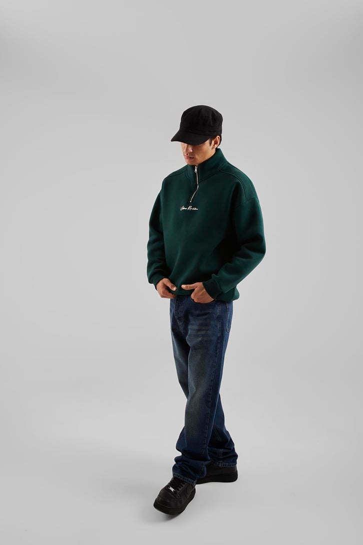 Silence Revolution Baskılı Koyu Yeşil Yarım Fermuarlı Sweatshirt