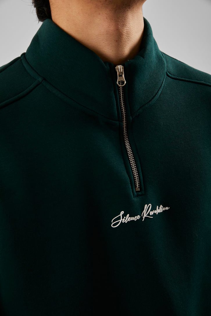 Silence Revolution Baskılı Koyu Yeşil Yarım Fermuarlı Sweatshirt