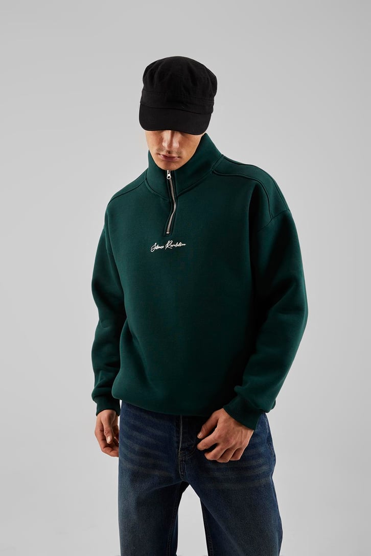 Silence Revolution Baskılı Koyu Yeşil Yarım Fermuarlı Sweatshirt