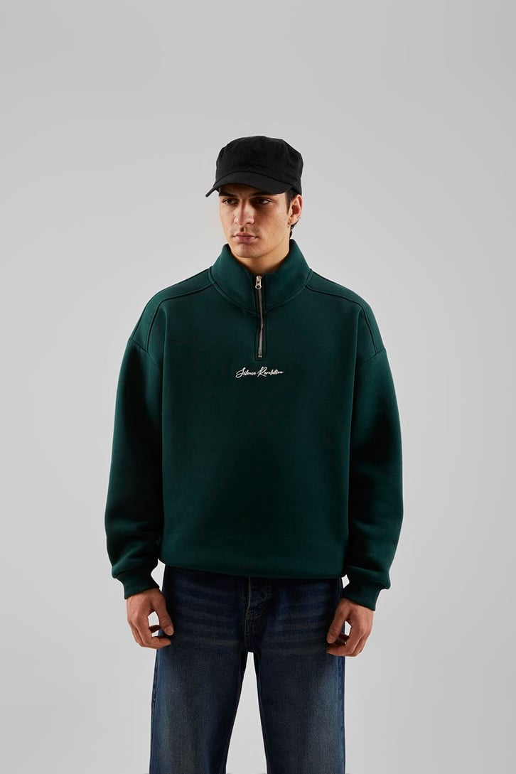 Silence Revolution Baskılı Koyu Yeşil Yarım Fermuarlı Sweatshirt