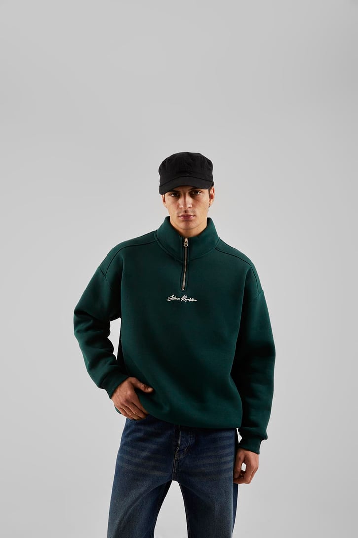 Silence Revolution Baskılı Koyu Yeşil Yarım Fermuarlı Sweatshirt