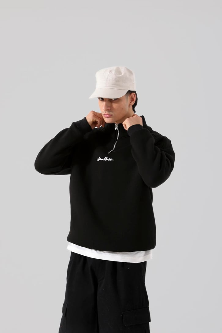 Silence Revolution Baskılı Koyu Yeşil Yarım Fermuarlı Sweatshirt