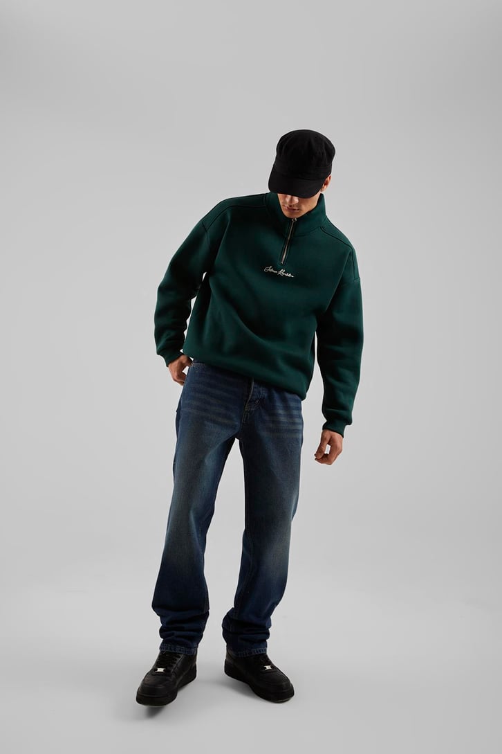 Silence Revolution Baskılı Koyu Yeşil Yarım Fermuarlı Sweatshirt