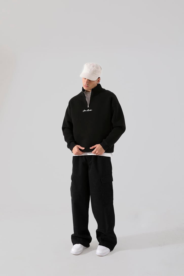Silence Revolution Baskılı Siyah Yarım Fermuarlı Sweatshirt