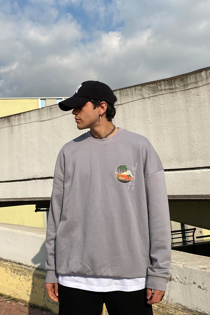 Singapore Printed Gri Oversize Sweatshirt