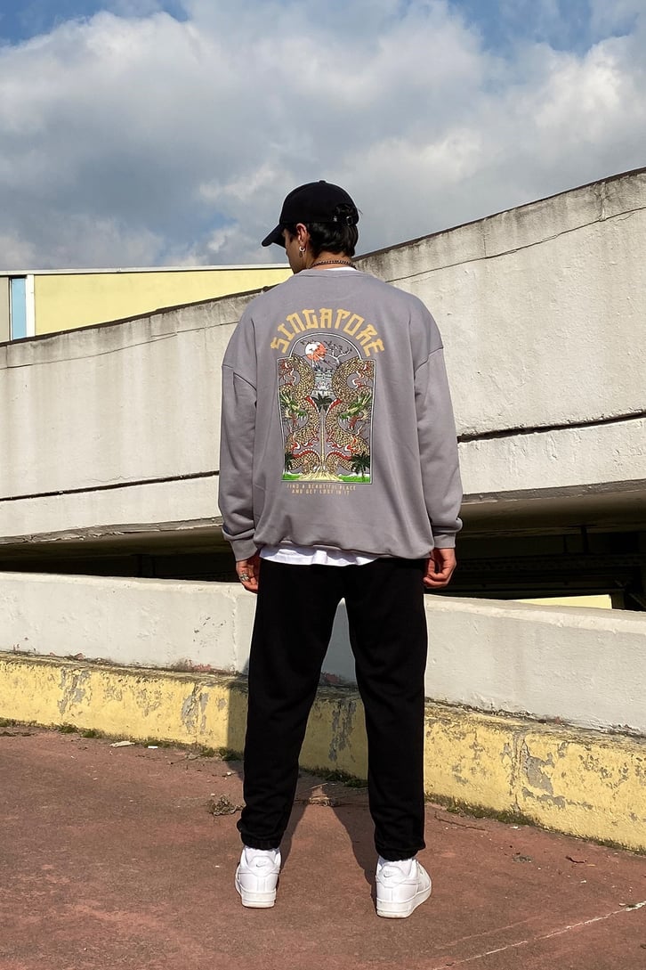 Singapore Printed Gri Oversize Sweatshirt