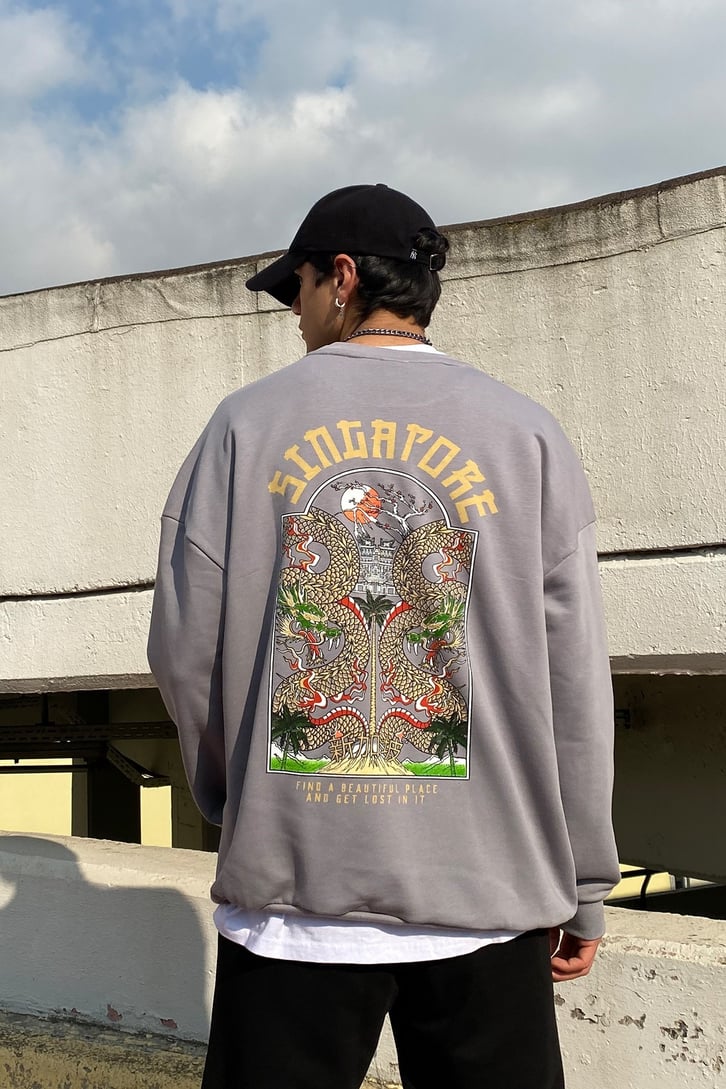 Singapore Printed Gri Oversize Sweatshirt