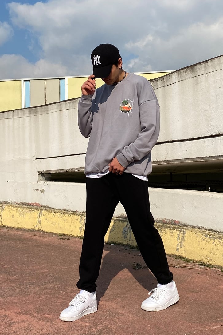 Singapore Printed Gri Oversize Sweatshirt