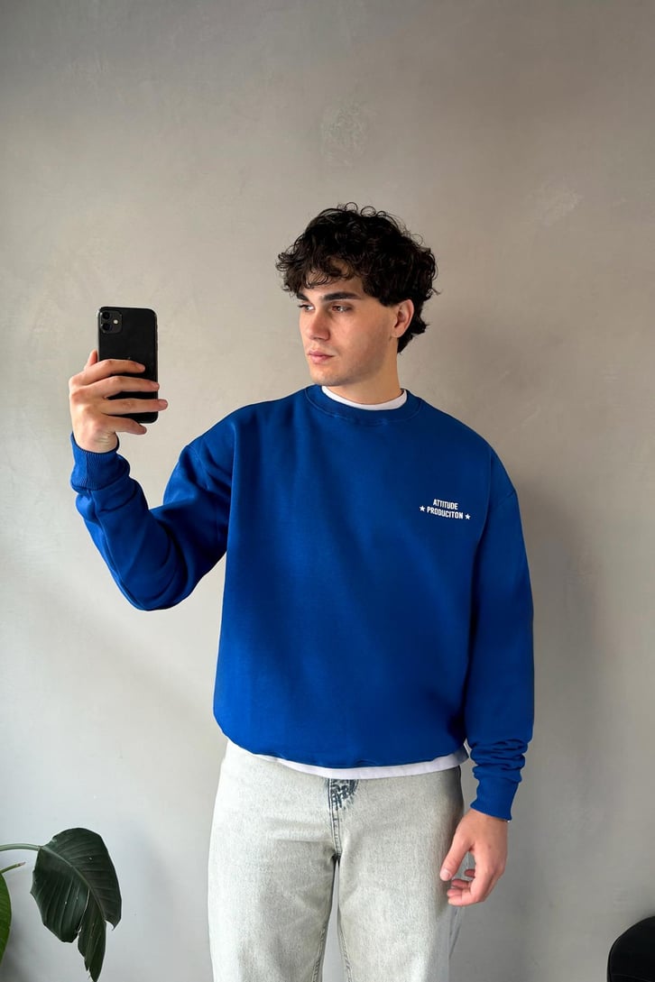 Sırt Baskılı Bisiklet Yaka Sweatshirt