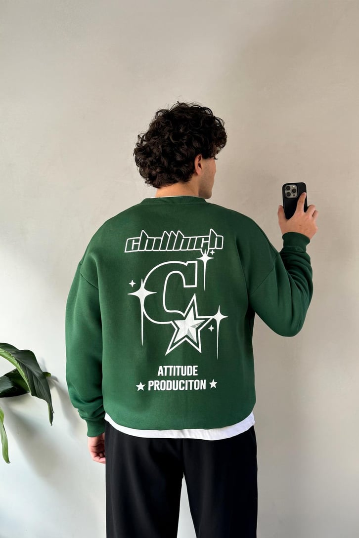 Sırt Baskılı Bisiklet Yaka Sweatshirt