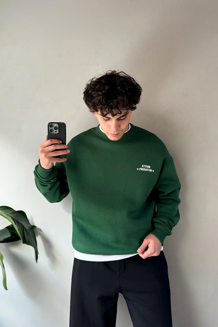 Sırt Baskılı Bisiklet Yaka Sweatshirt