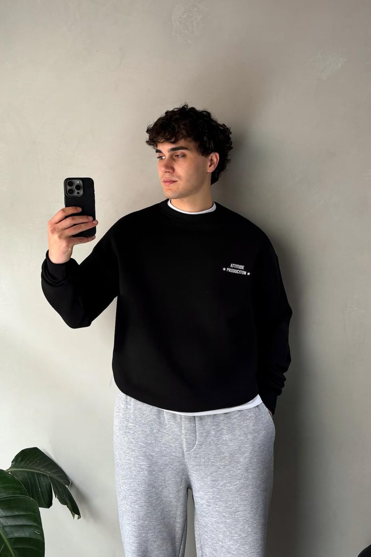 Sırt Baskılı Bisiklet Yaka Sweatshirt