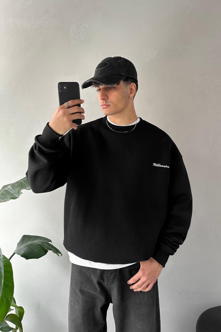 Sırt Baskılı Bisiklet Yaka Sweatshirt