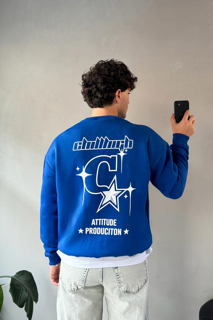Sırt Baskılı Bisiklet Yaka Sweatshirt