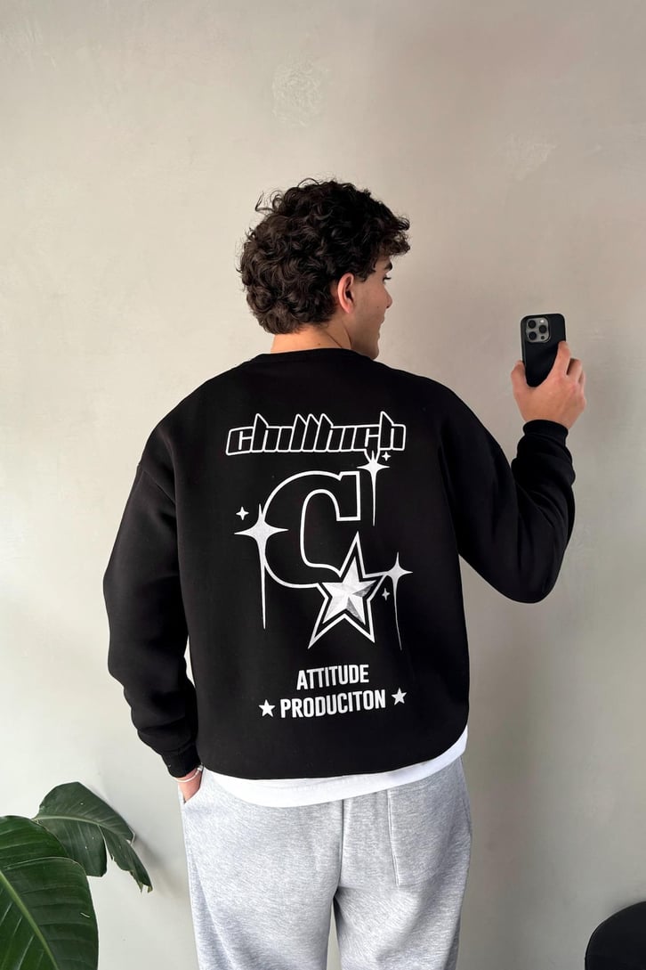Sırt Baskılı Bisiklet Yaka Sweatshirt