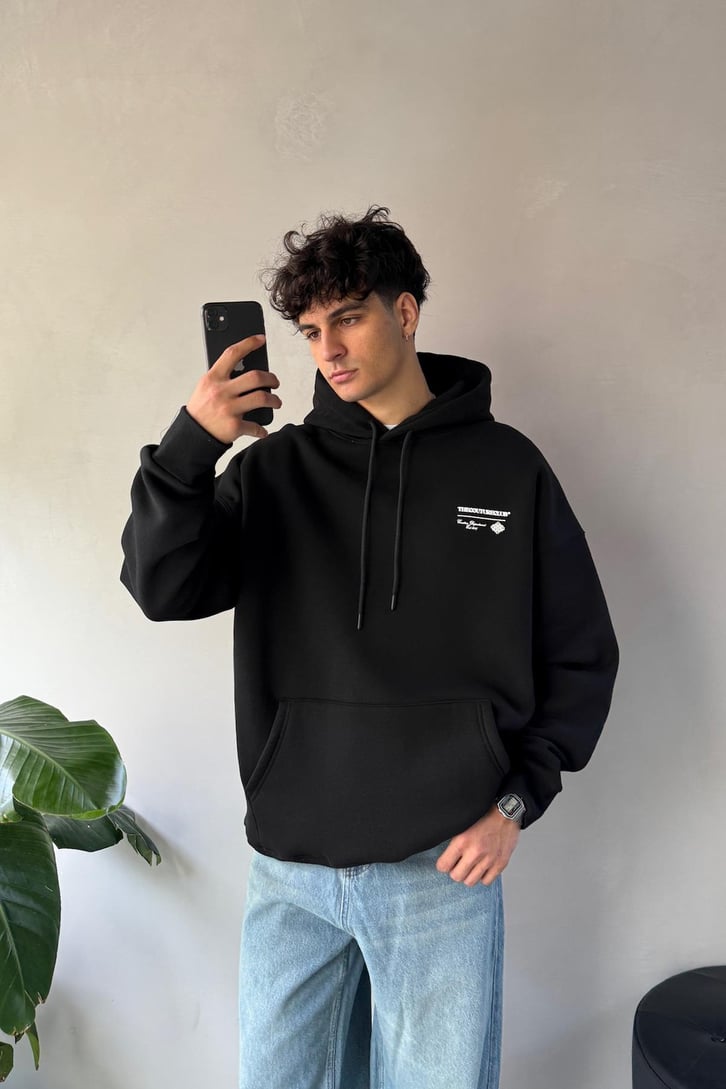 Sırt Baskılı Minimal Nakışlı Oversize Hoodie