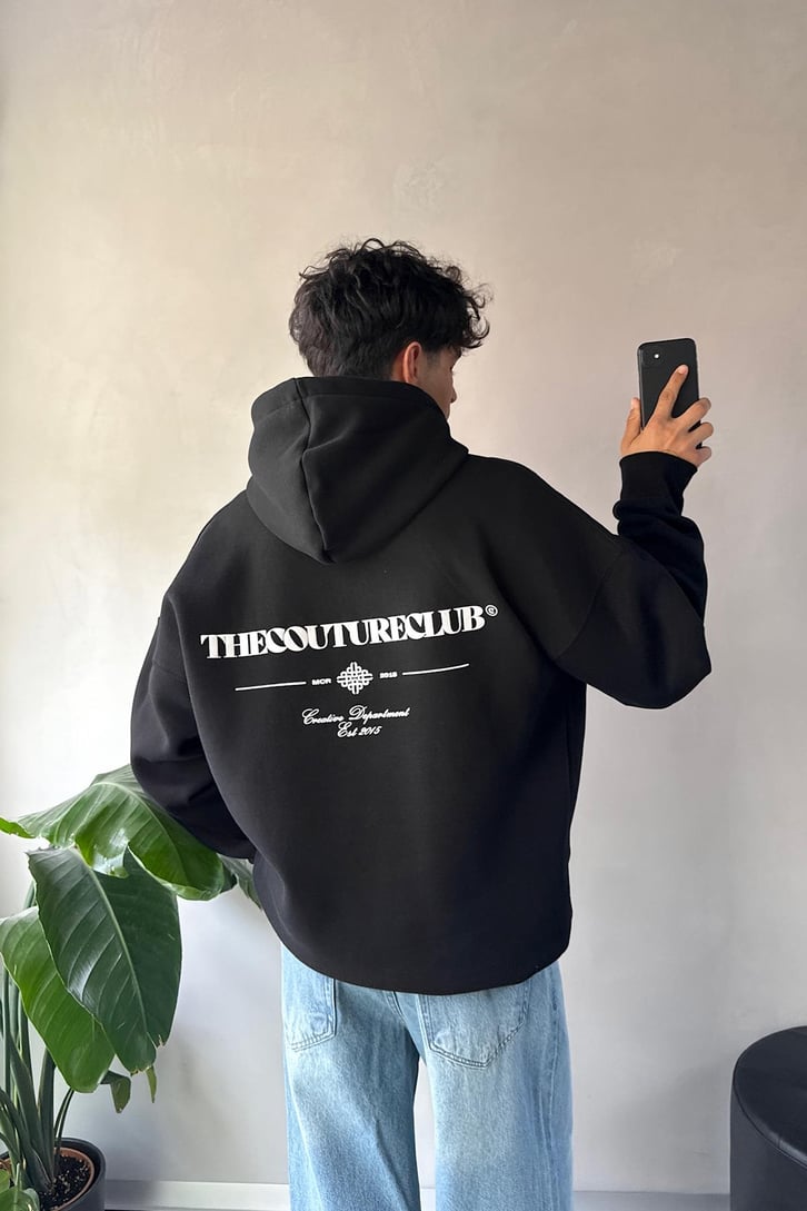 Sırt Baskılı Minimal Nakışlı Oversize Hoodie