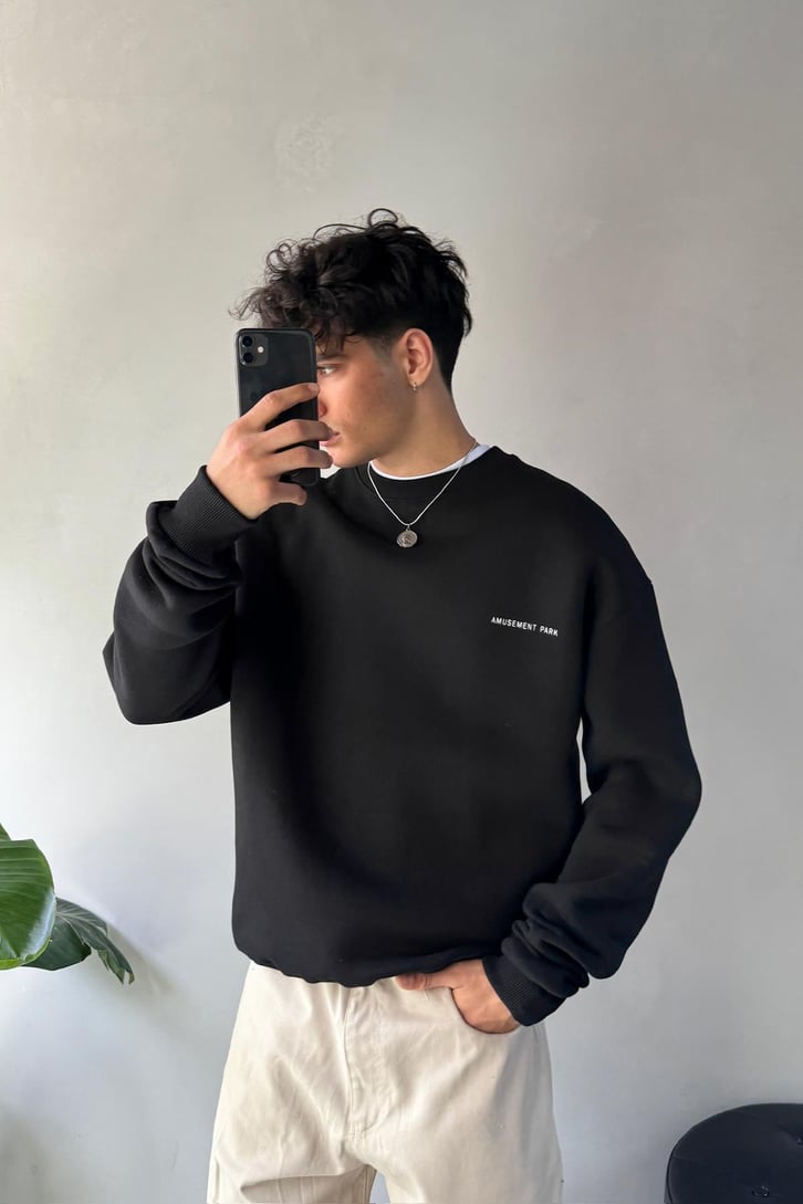 Sırt Detay Minimal Baskılı Bisiklet Yaka Sweatshirt