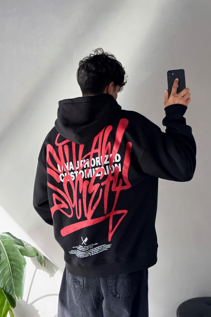 Sırt Graffiti Baskılı Ön Minimal Nakışlı Oversize Hoodie