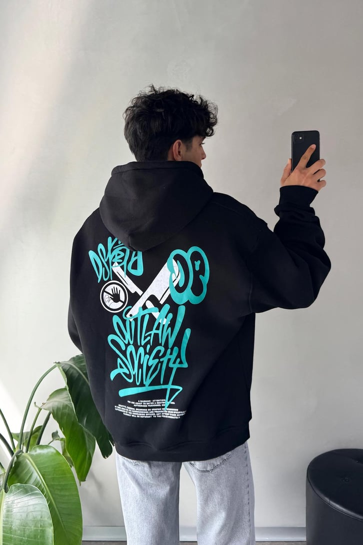 Sırt Graffiti Baskılı Oversize Hoodie
