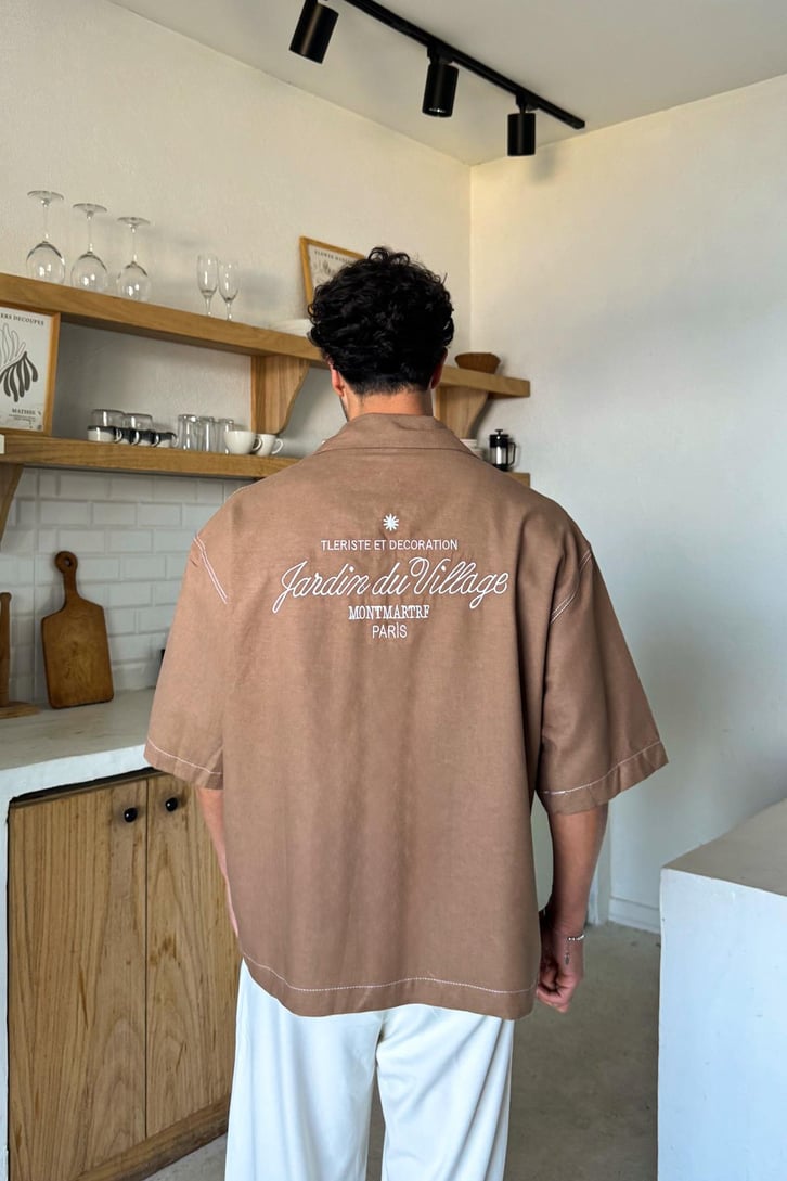 Sırt Nakışlı Kısa Kol Oversize Gömlek