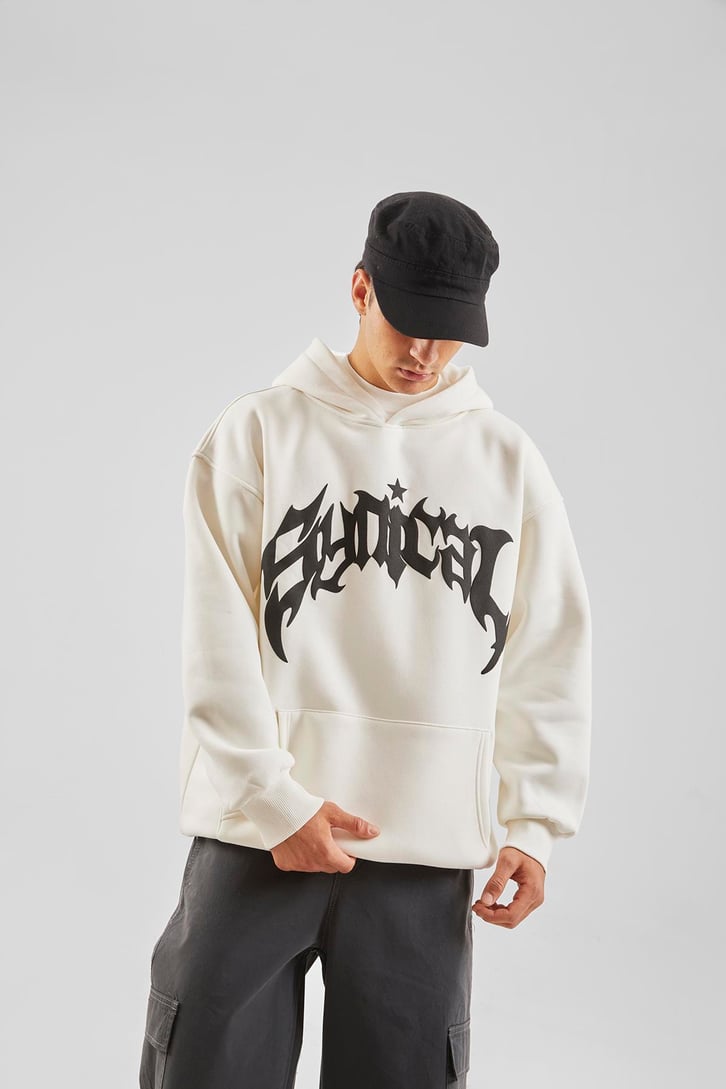 Sırt Taş İşlemeli Ekru Oversize Hoodie