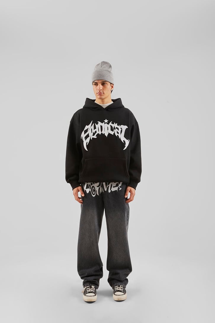 Sırt Taş İşlemeli Ekru Oversize Hoodie