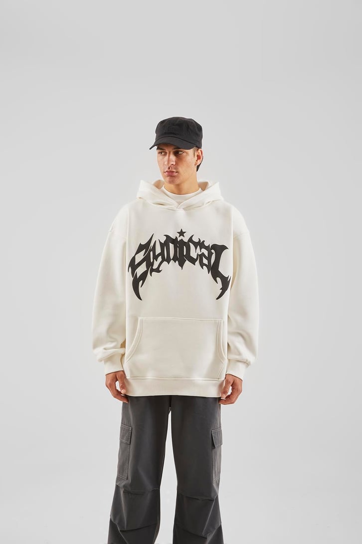 Sırt Taş İşlemeli Ekru Oversize Hoodie