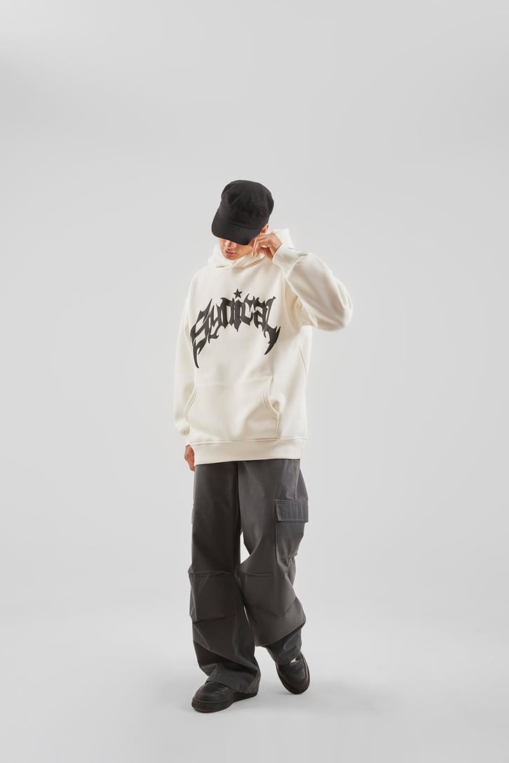 Sırt Taş İşlemeli Ekru Oversize Hoodie