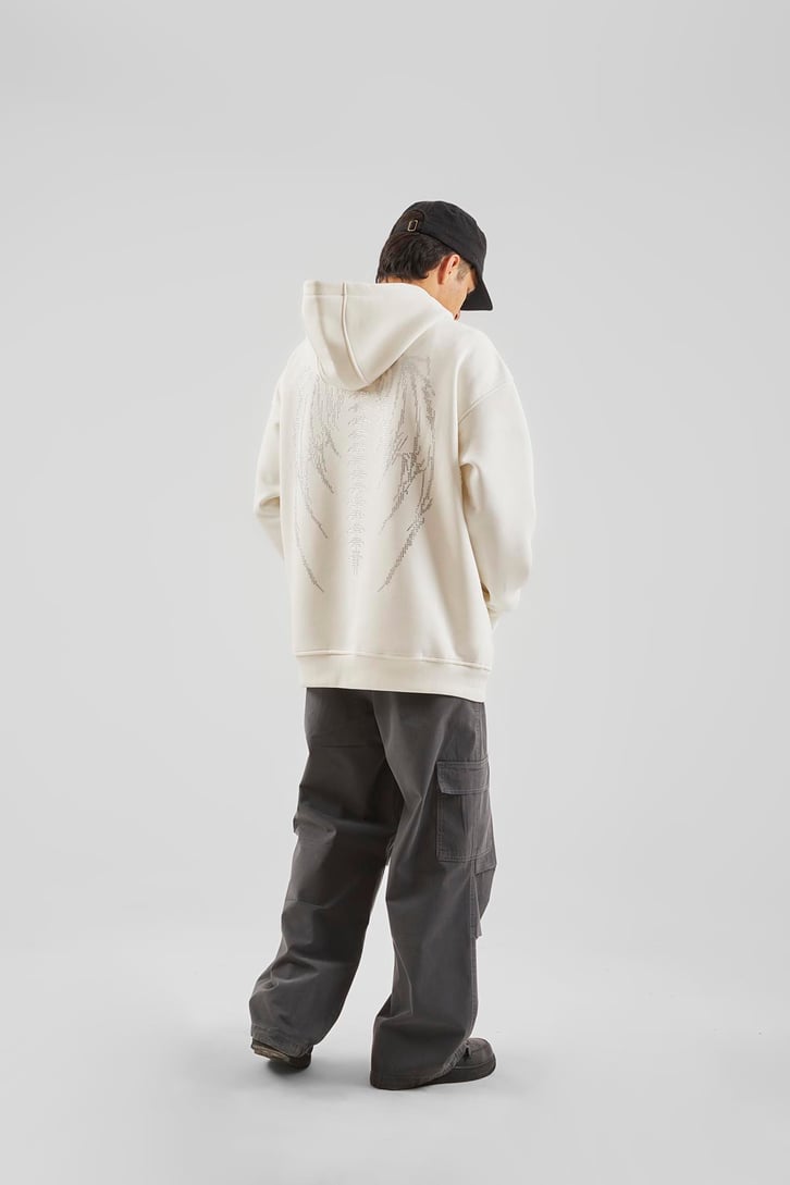 Sırt Taş İşlemeli Ekru Oversize Hoodie