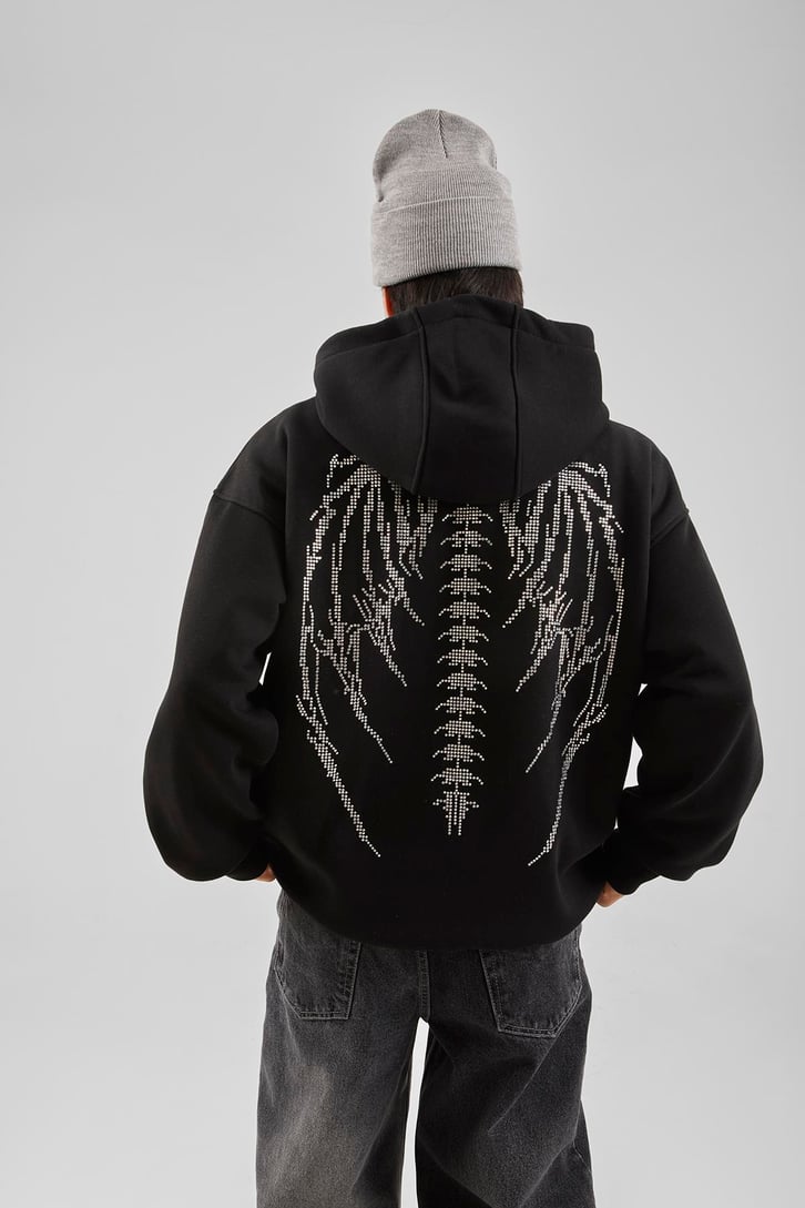 Sırt Taş İşlemeli Ekru Oversize Hoodie